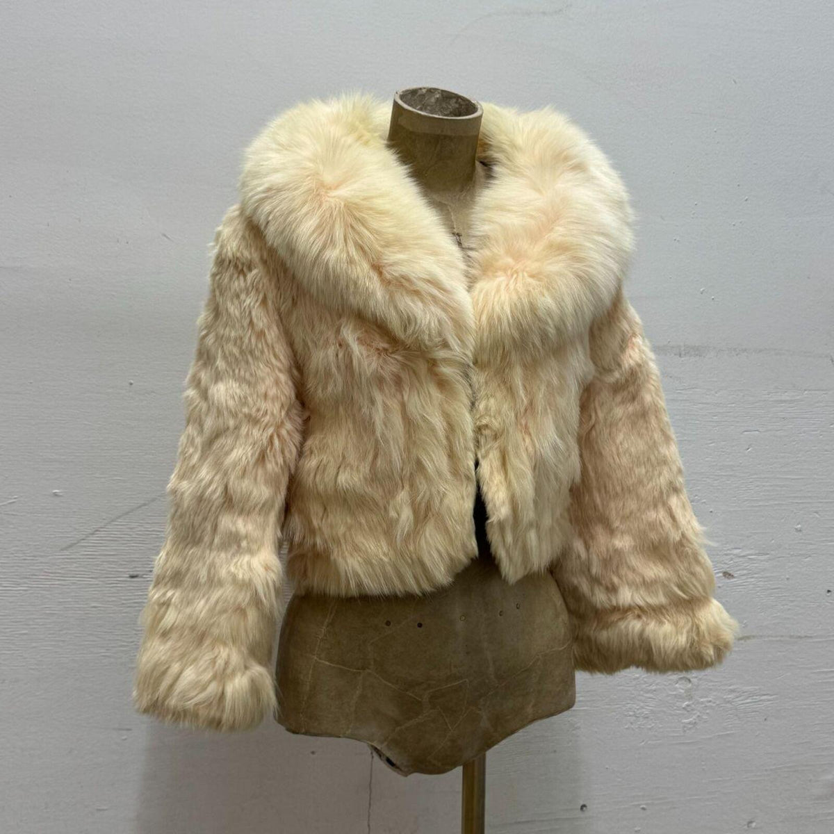 Y2K Vintage Cream Blush Pink Rabbit & Fox Fur Cropped Jacket Coat