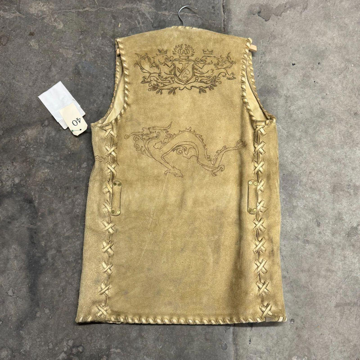 Vintage 60s 70s Suede Buckskin Western Film Costume Vest Stenciled Whipstitch