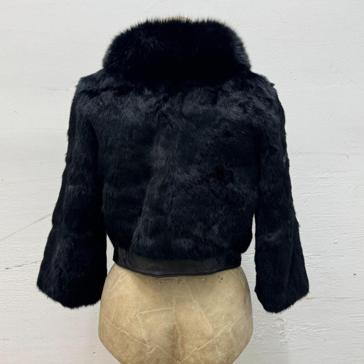 Y2K Vintage Black Rabbit & Fox Fur Leather Crop Jacket Coat