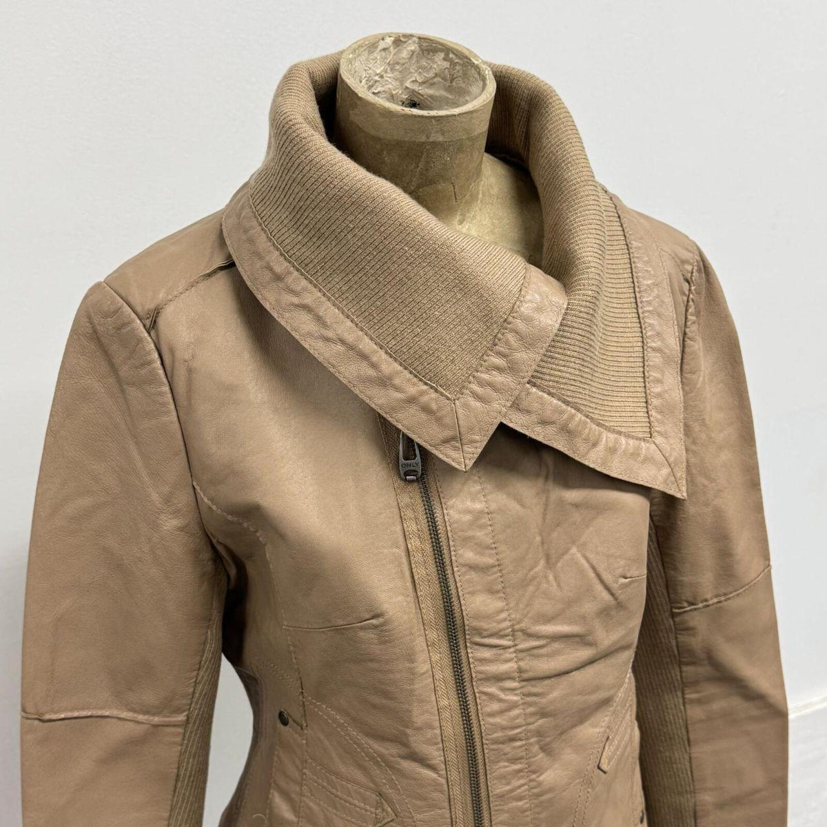 Vintage Tan Big Collar ONLY Asymmetric Avant Garde Leather Jacket