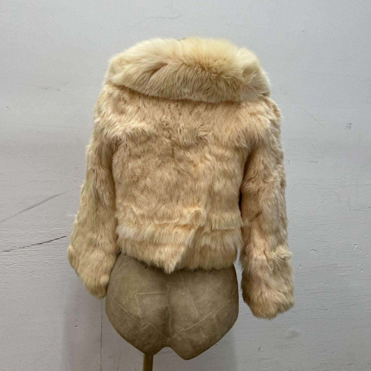 Y2K Vintage Cream Blush Pink Rabbit & Fox Fur Cropped Jacket Coat