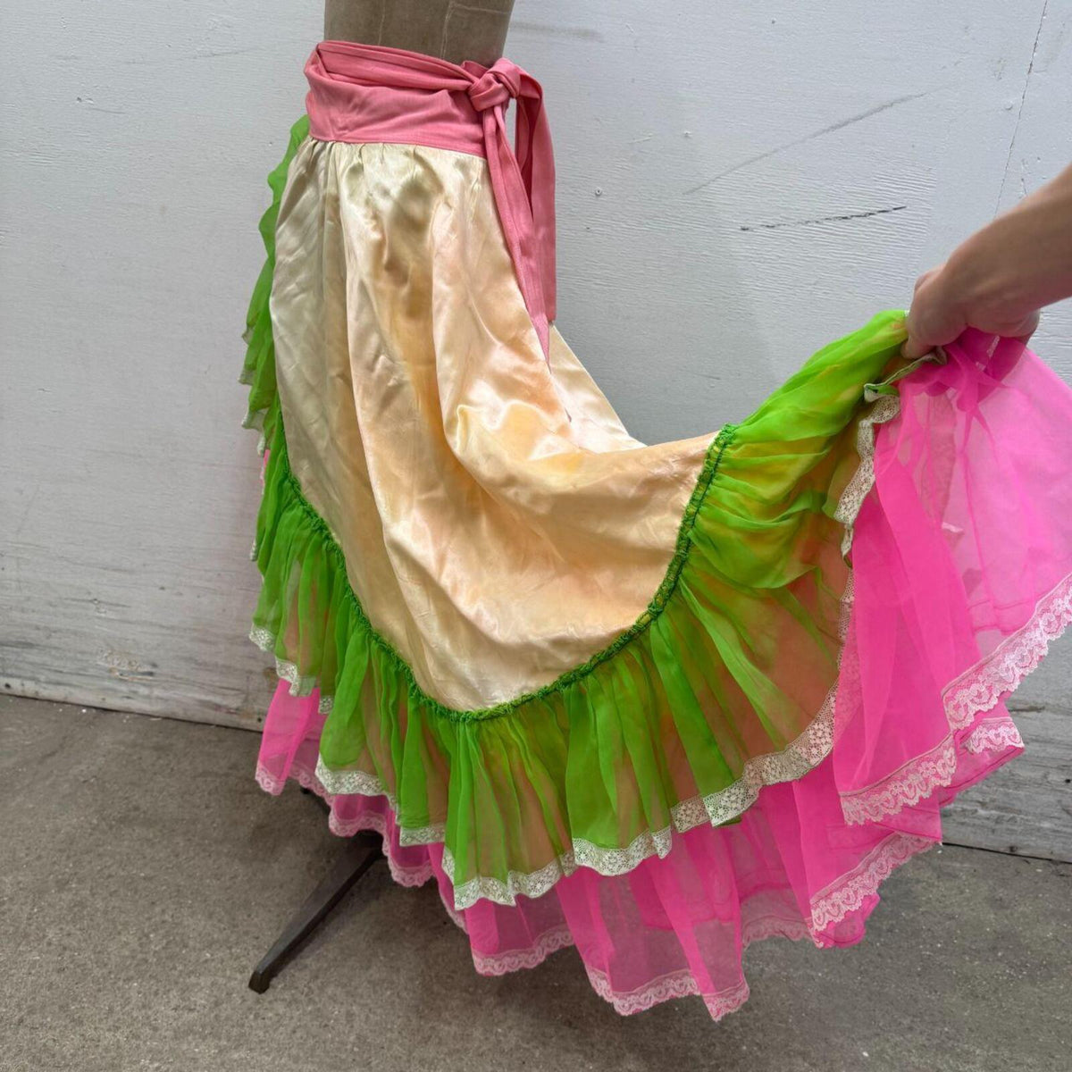 Vintage Broadway Costume 70s Neon Ruffle Maxi Wrap Skirt