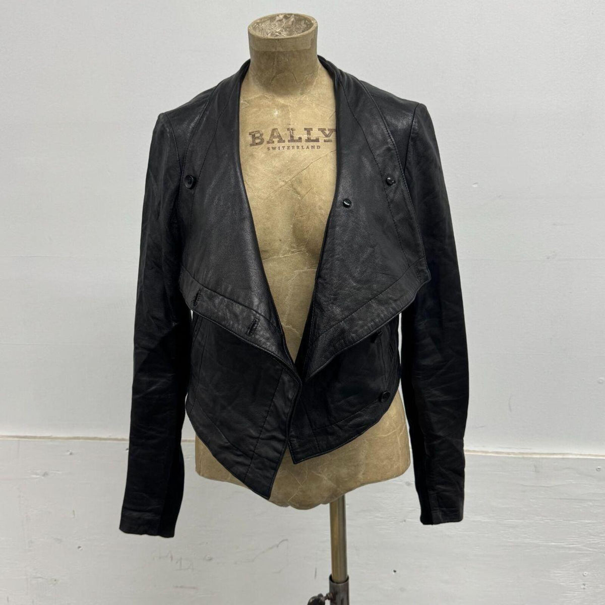 Vintage Crop Black Funnel Neck Asymmetric Avant Garde Leather Jacket