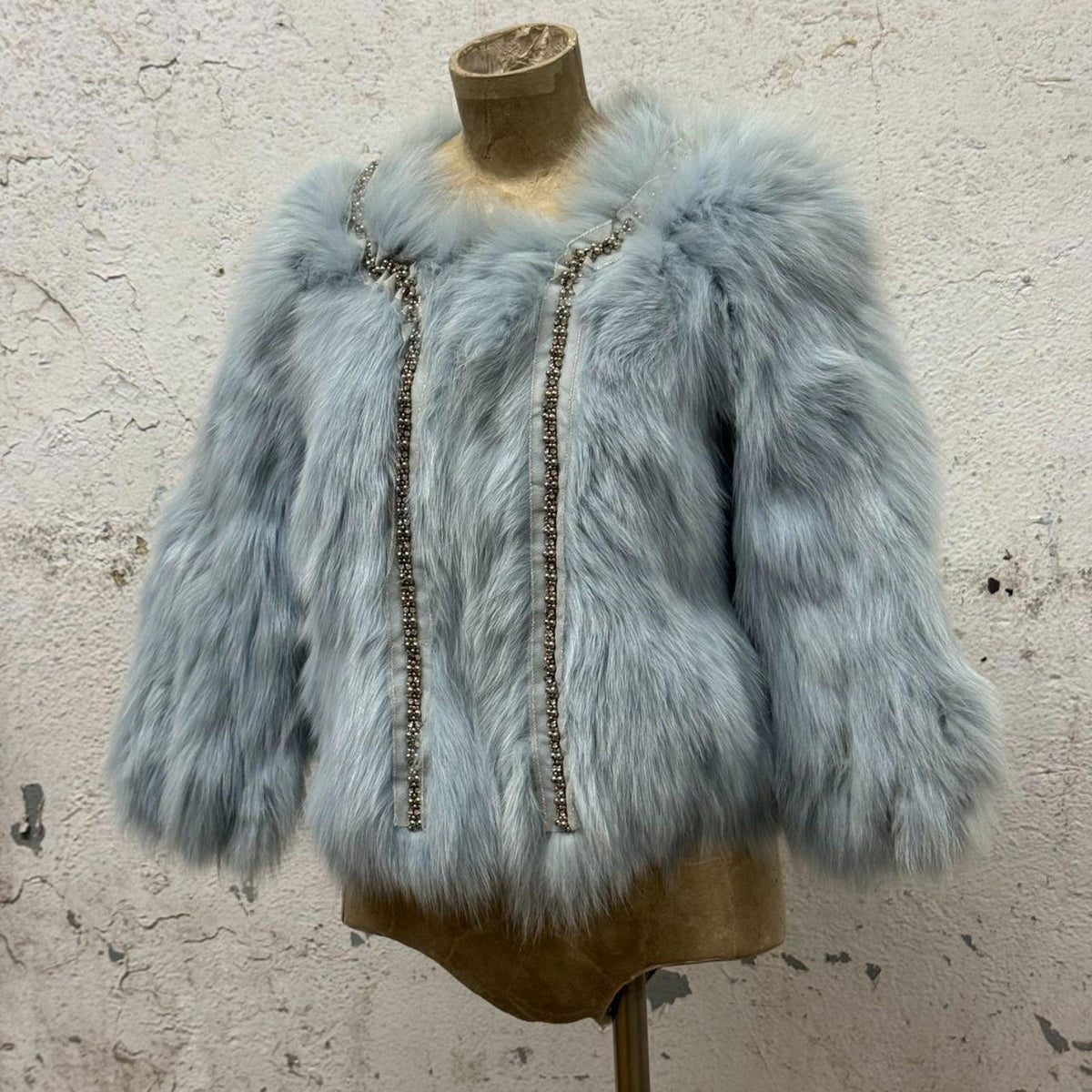 Vintage Y2K Beaded Ice-Blue Fox Fur Cropped Jacket Coat