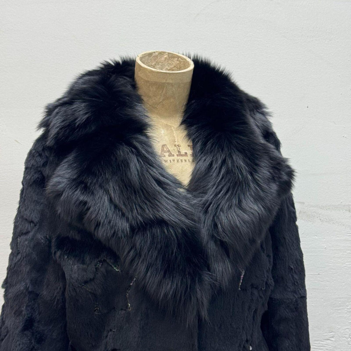 Y2K Vintage Black Rabbit & Fox Fur Jacket Star Sequin Detail Coat