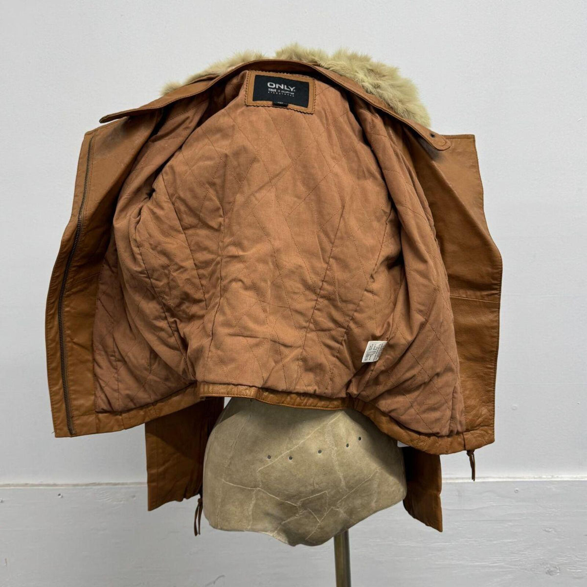 Vintage Tan Rabbit Fur Split Hood Multi-wear Asymmetrical Leather Jacket