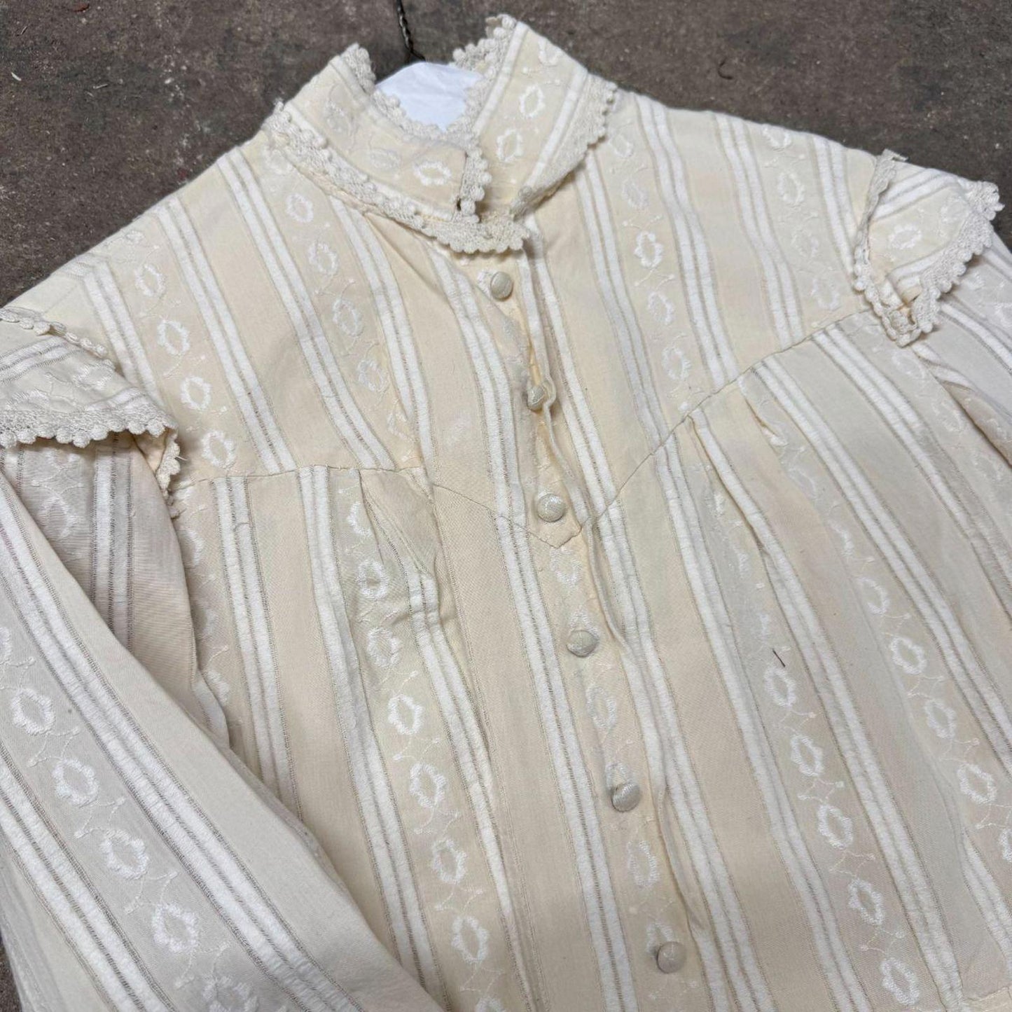 Vintage Film Costume 40s 50s Does Victorian Antique Style Ivory Striped Blouse M