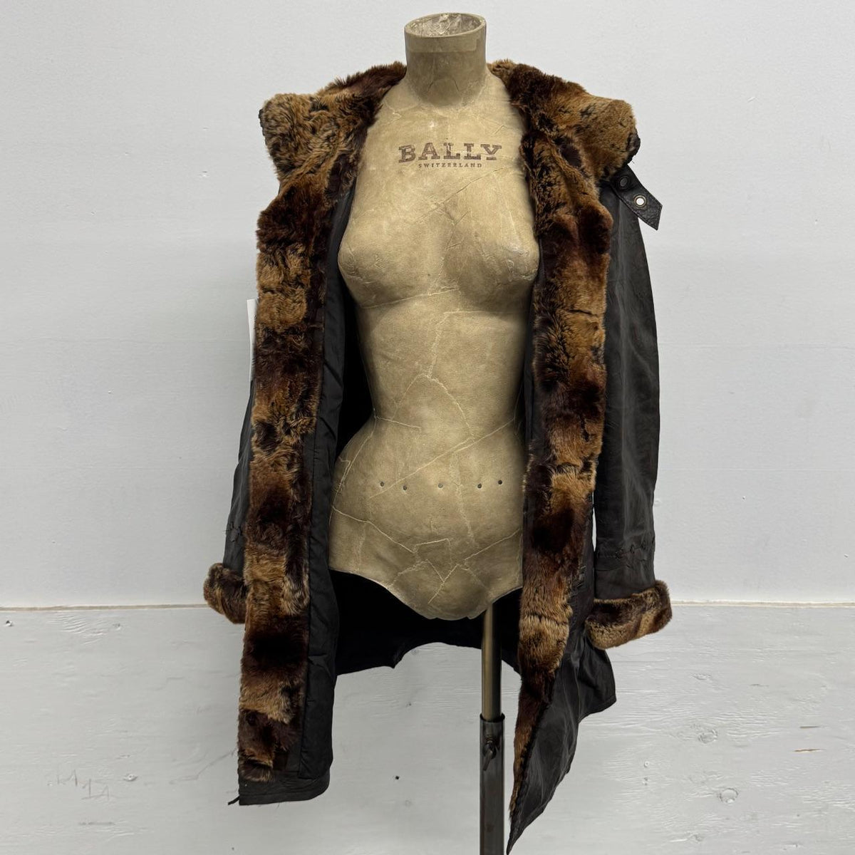 Vintage Brown Lambskin Leather Hooded Trench Coat w Rabbit Fur