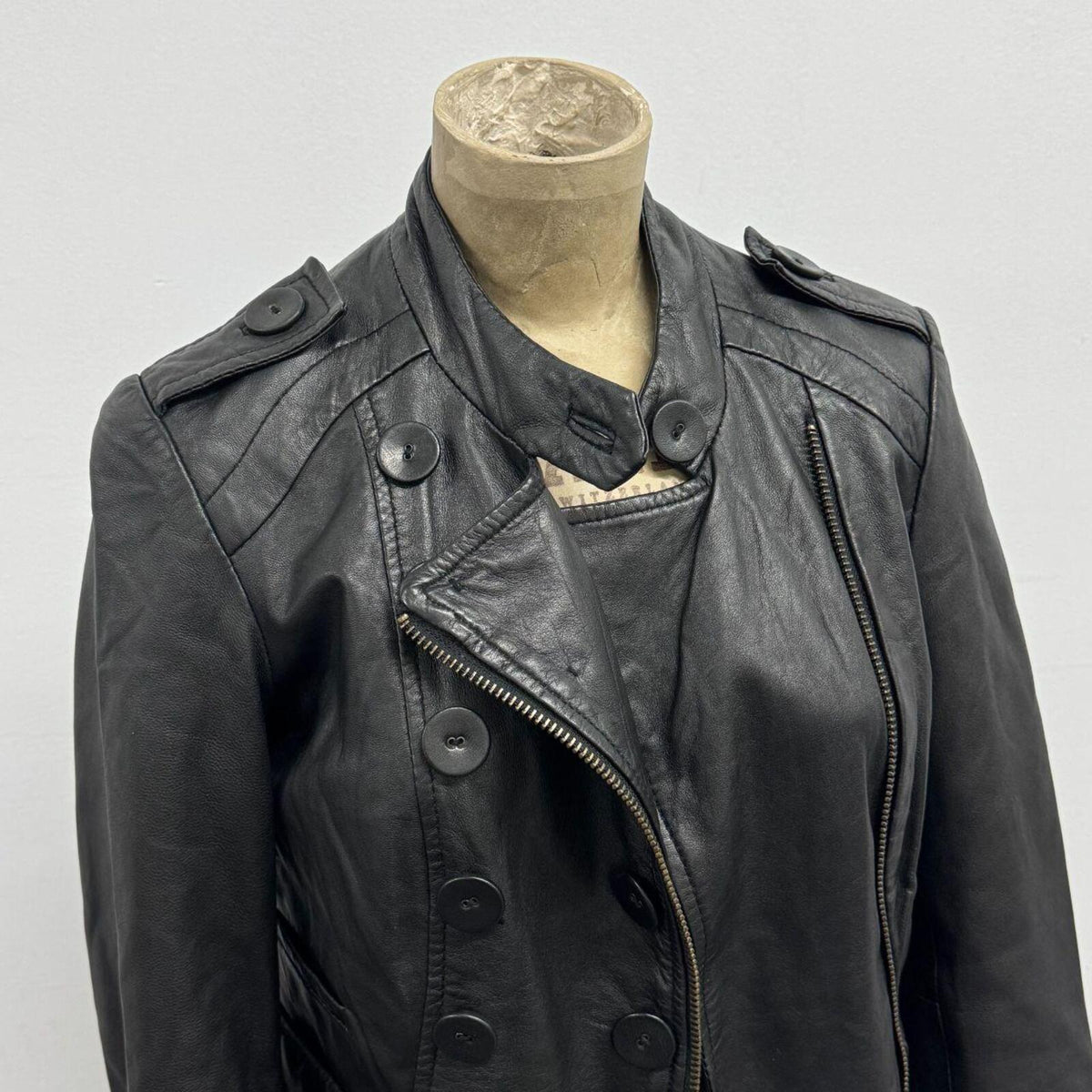 Vintage Black High Neck Military Button Steampink Leather Jacket