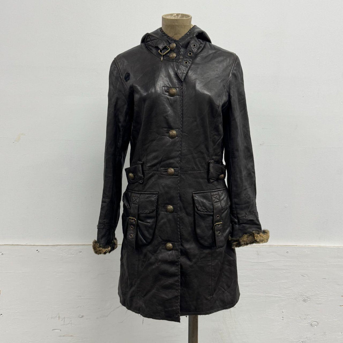 Vintage Y2K SINBOS Leather and Rabbit Fur Hooded Utility Trench Parka
