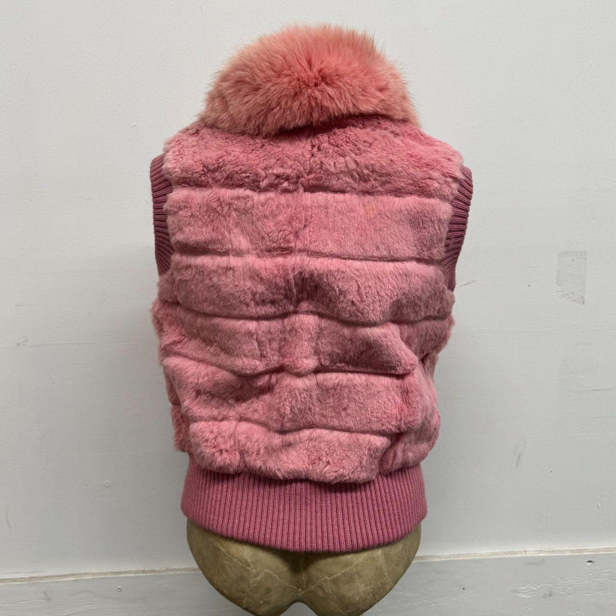 Vintage Y2K Bubblegum Pink Real Rabbit & Fox Fur Knit-Trimmed Zip Vest