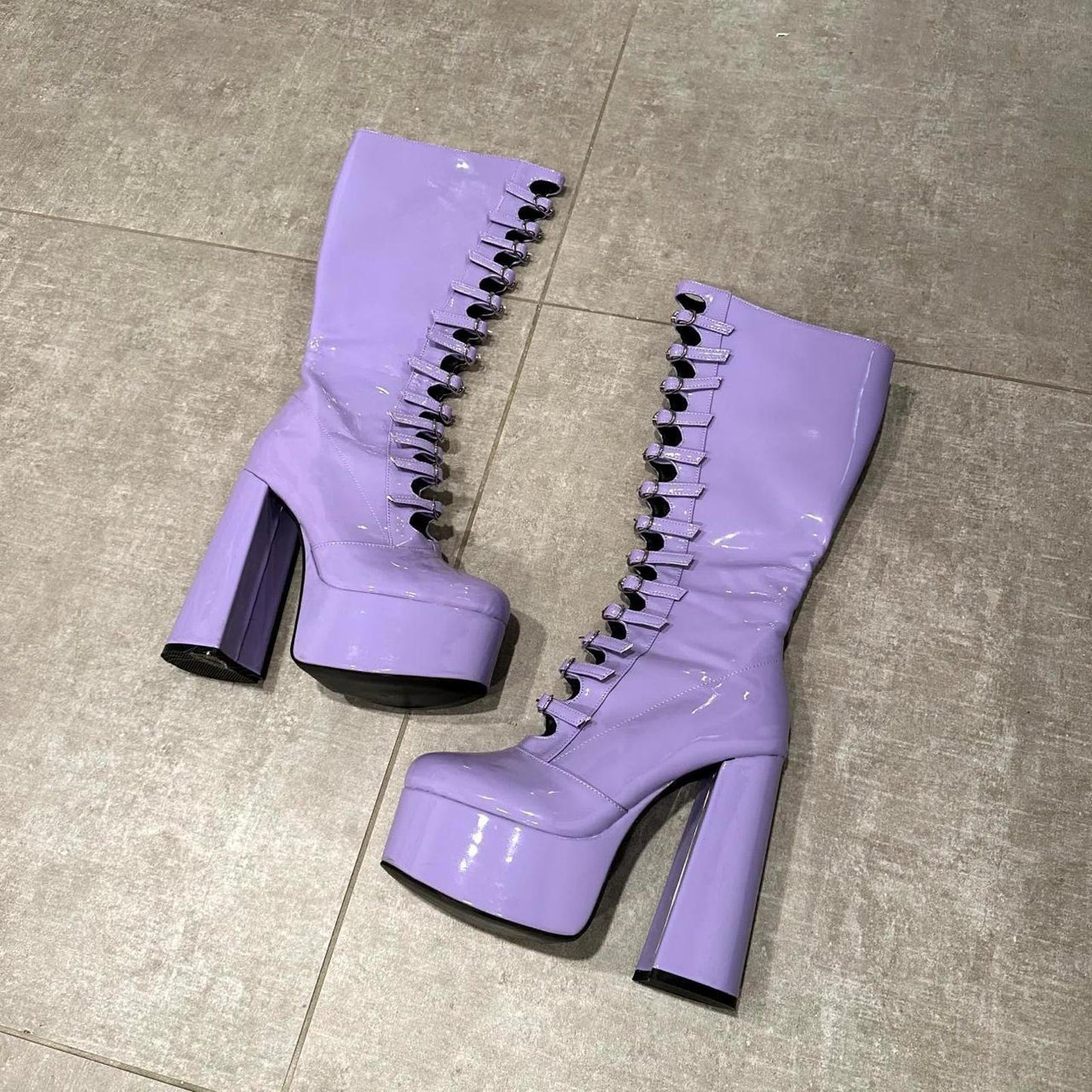 Women's Lilac Patent Leather Platform Lace-Up Ankle Boots