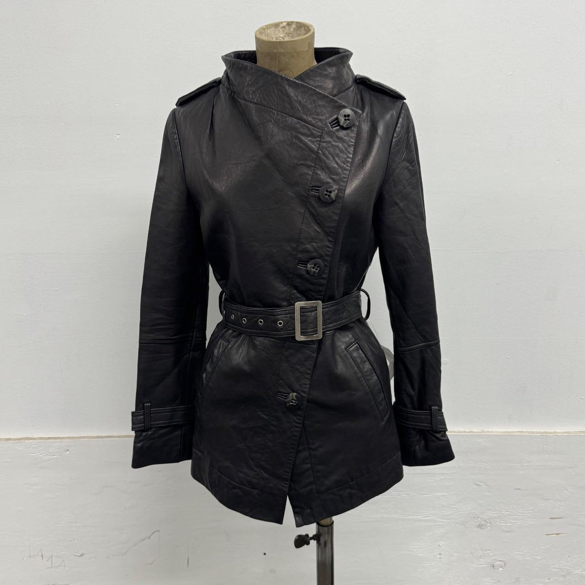 Vintage Black Belted Funnel Neck Longline Avant Garde Leather Jacket