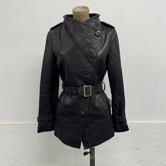 Vintage Black Belted Funnel Neck Longline Avant Garde Leather Jacket