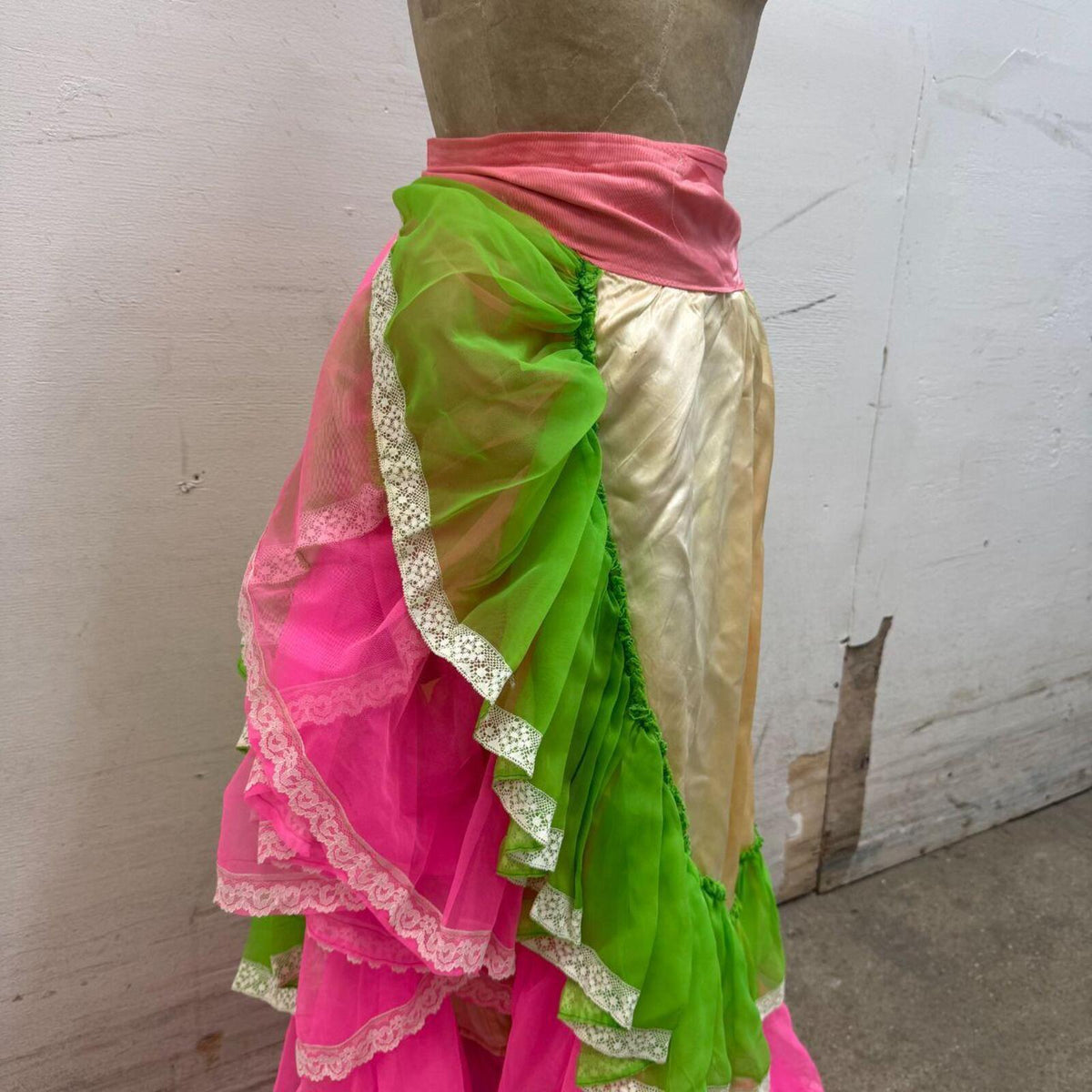 Vintage Broadway Costume 70s Neon Ruffle Maxi Wrap Skirt
