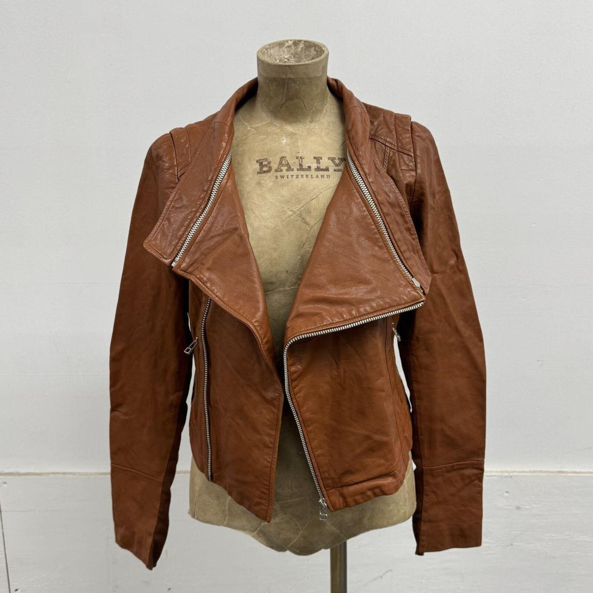 Vintage Tan Brown Funnel Neck Asymmetric Avant Garde Leather Jacket