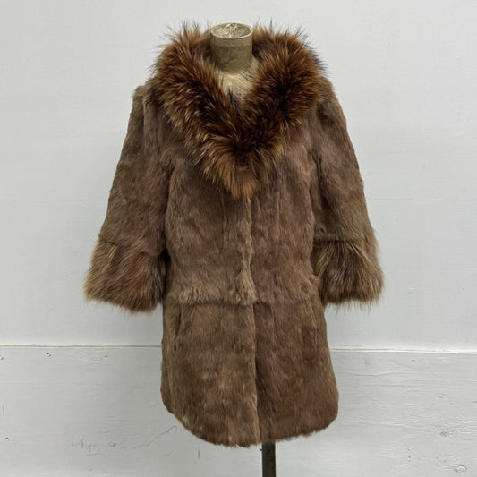 Vintage Chestnut Brown Rabbit Fur & Raccoon Fur Mid-Length Coat