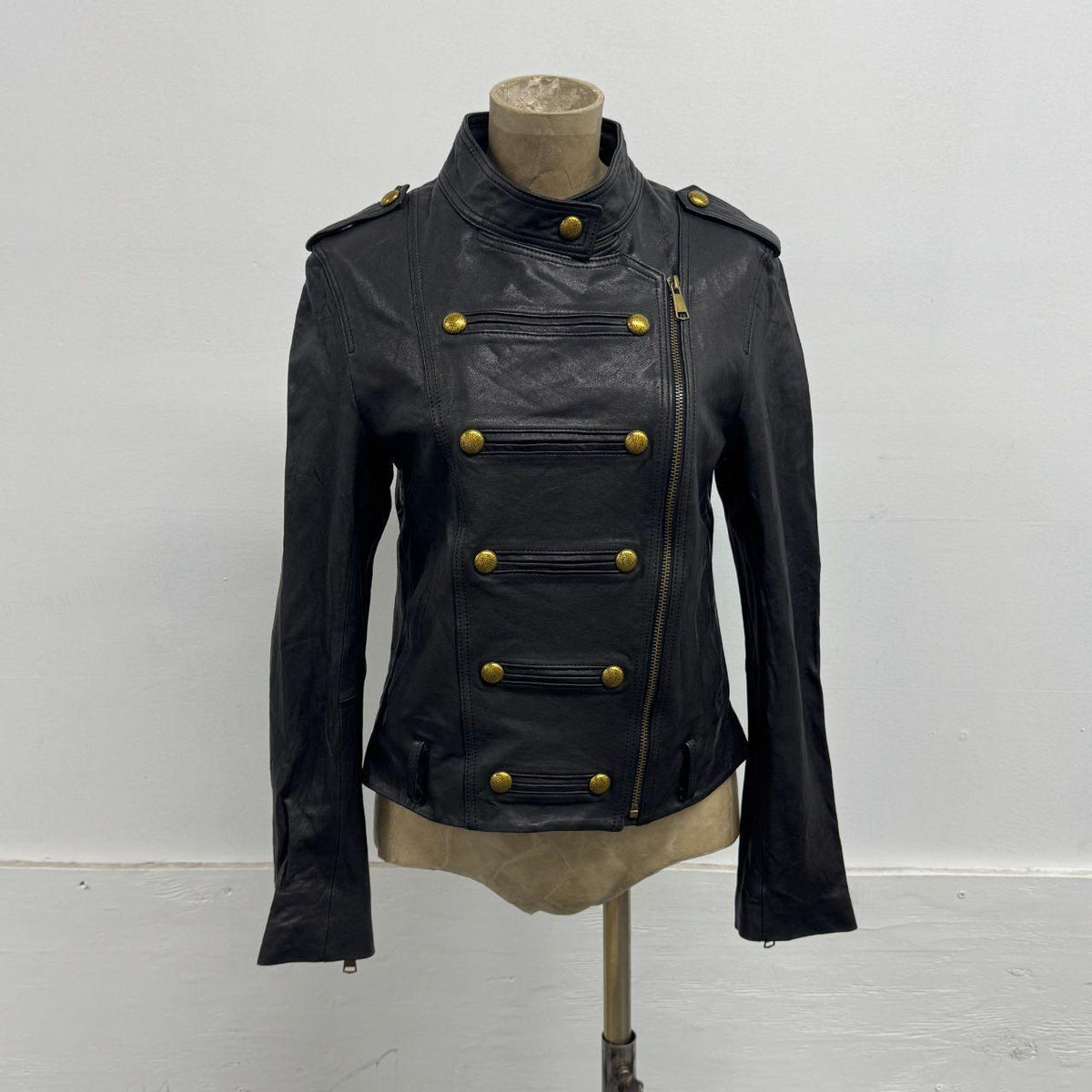 Vintage Black Military Button Marching Band Leather Jacket