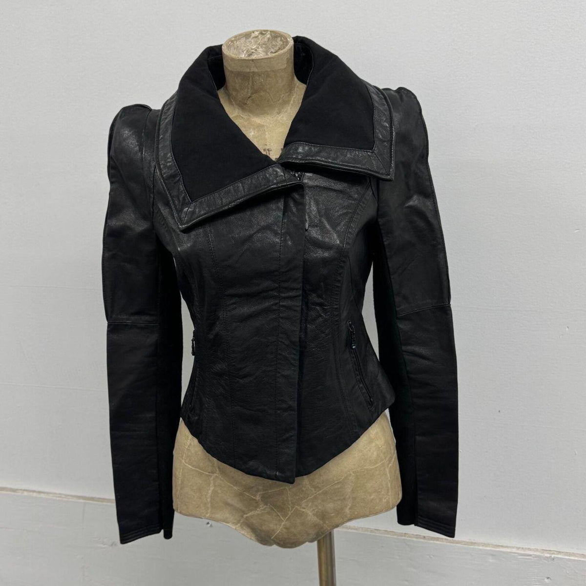 Vintage Black Big Collar Y2K 2010s Avant Garde Leather Jacket