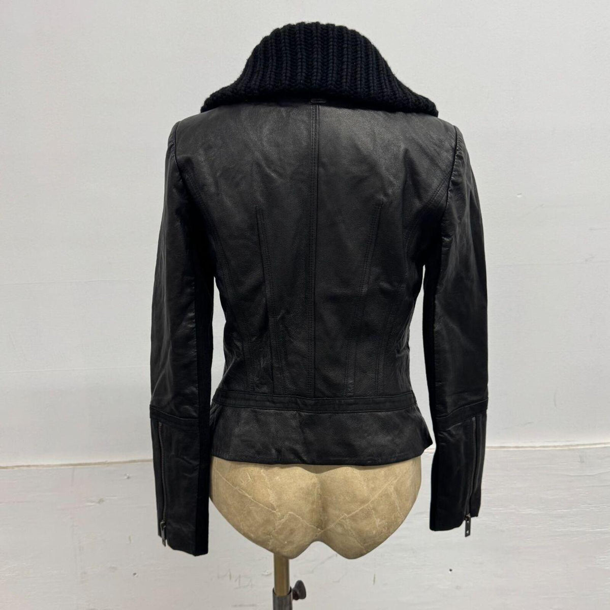 Vintage Black Funnel Neck Knit Collar Avant Garde Leather Jacket