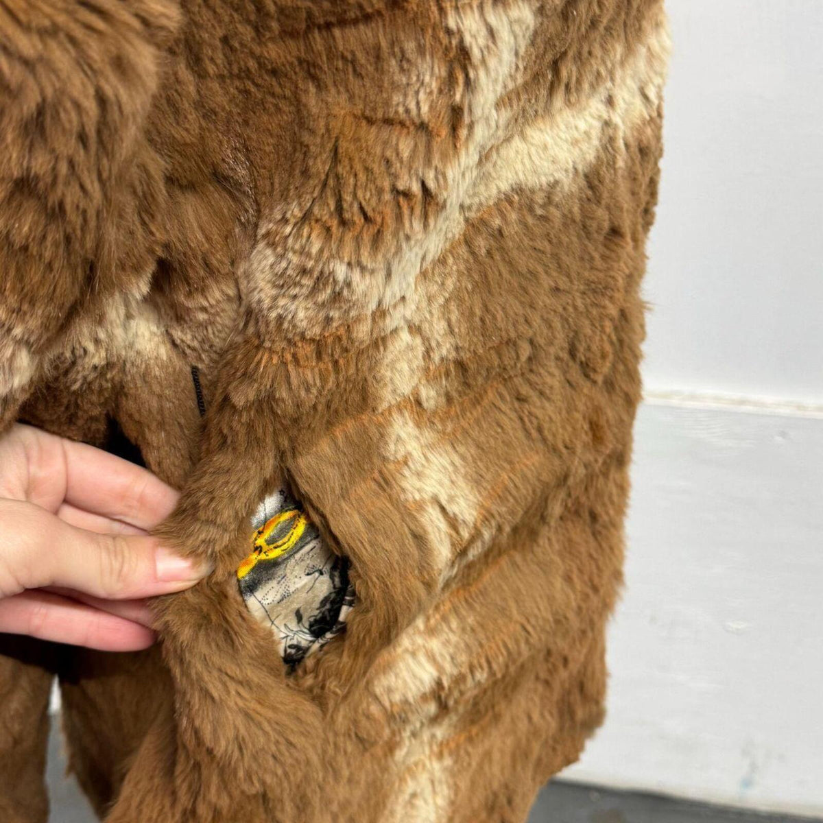 Vintage Cross Stripe Cognac Brown Rabbit & Fox Fur Jacket Coat