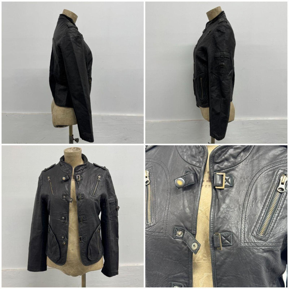 Vintage Black Tactical Utility Military Cargo Avant Garde Leather Jacket