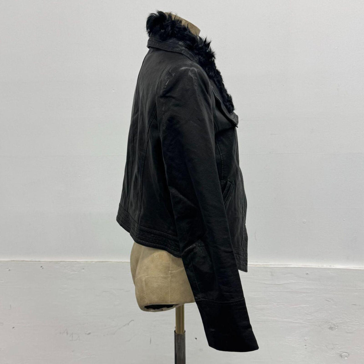 Vintage Black Avant-Garde Lambskin Funnel Neck Moto Jacket