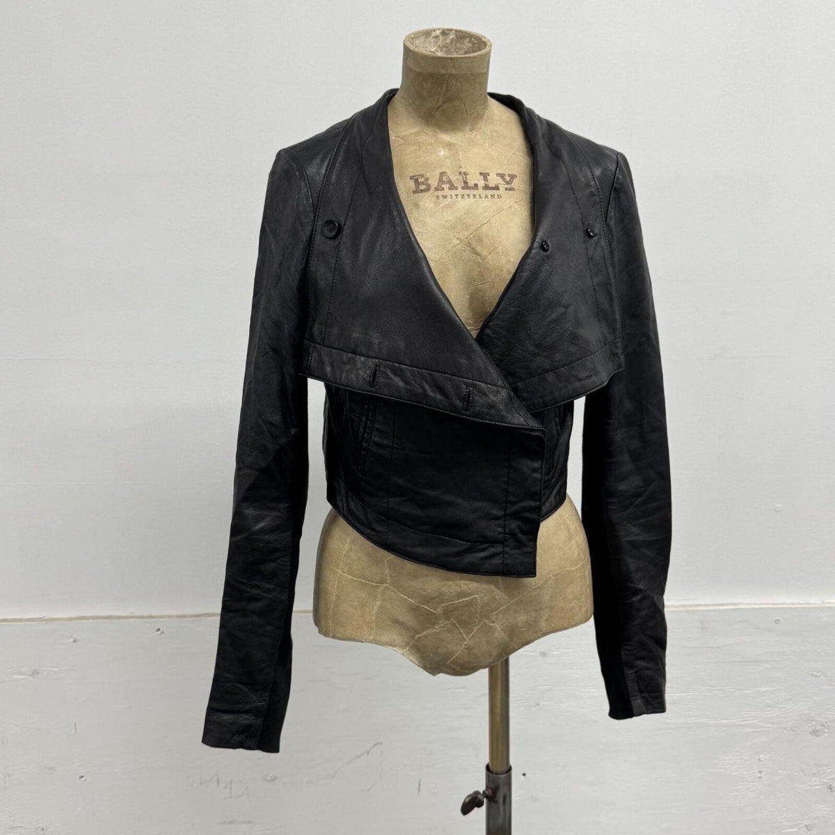 Vintage Crop Black Funnel Neck Asymmetric Avant Garde Leather Jacket