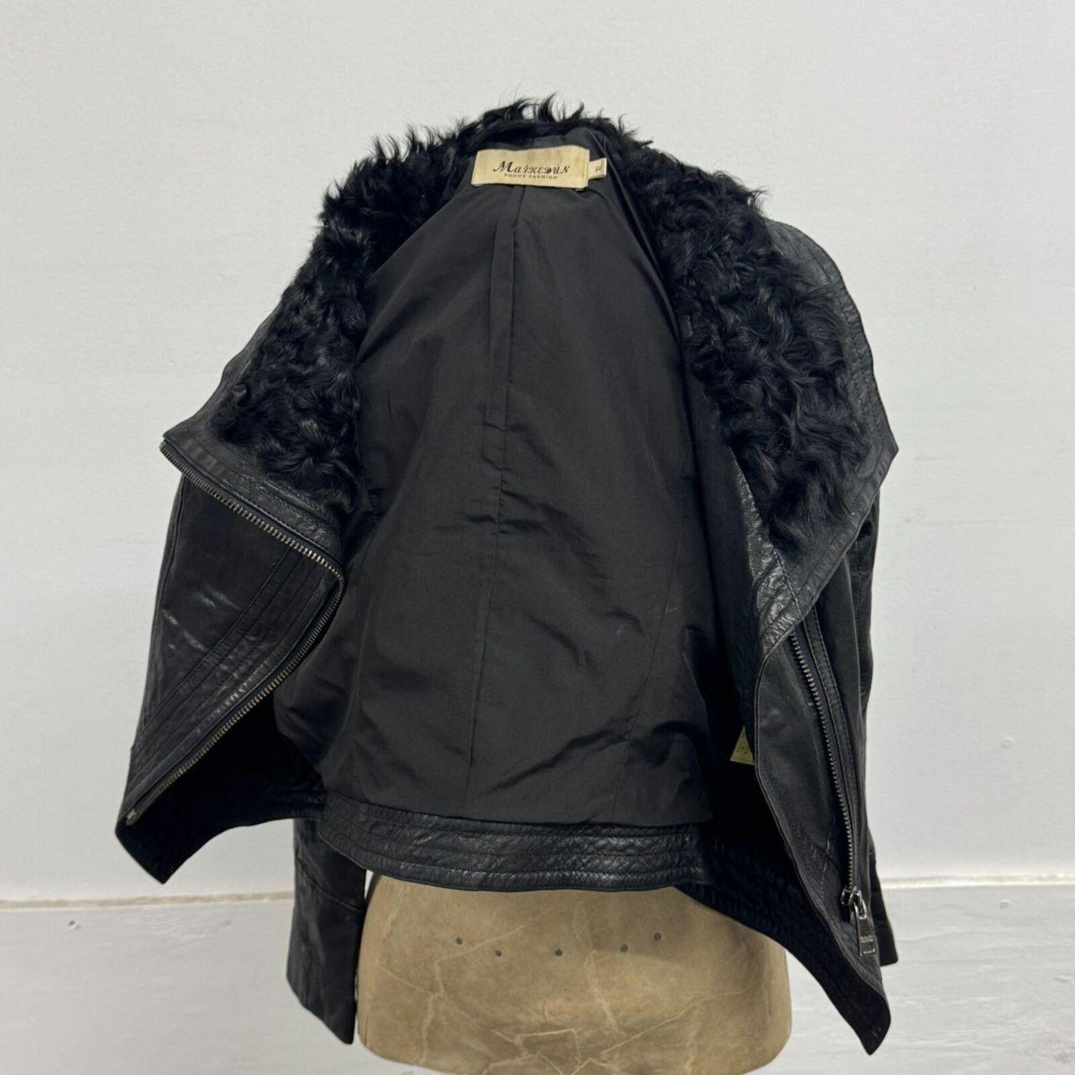 Vintage Black Avant-Garde Lambskin Funnel Neck Moto Jacket