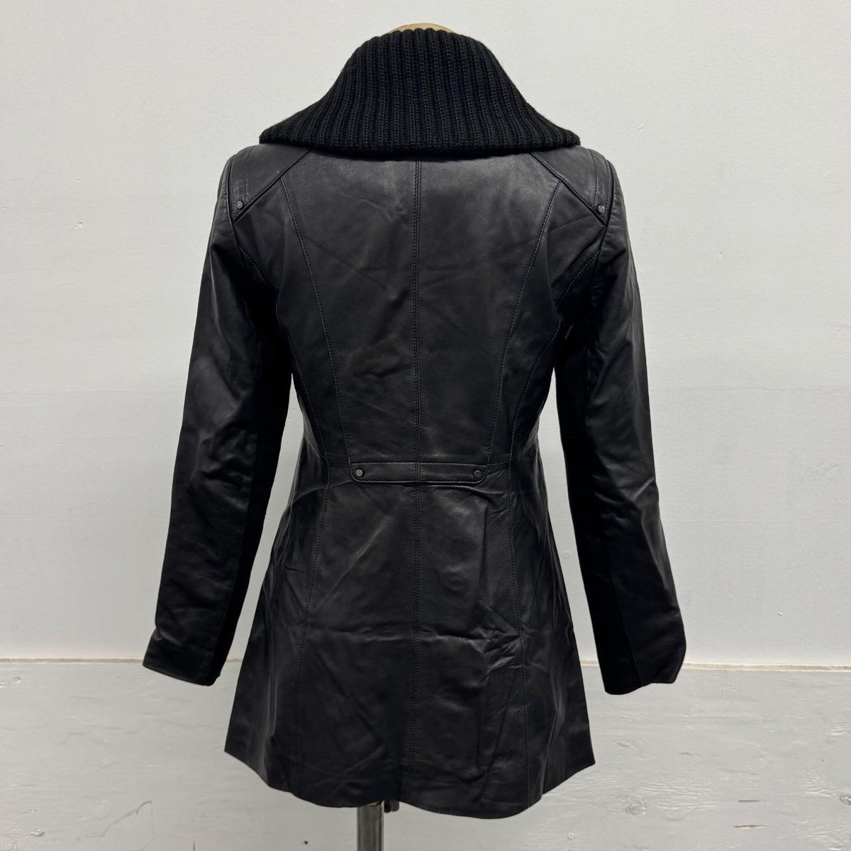 Vintage Black Knit Funnel Neck Longline Avant Garde Leather Jacket