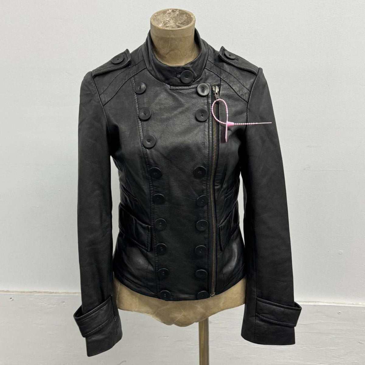 Vintage Black High Neck Military Button Steampink Leather Jacket