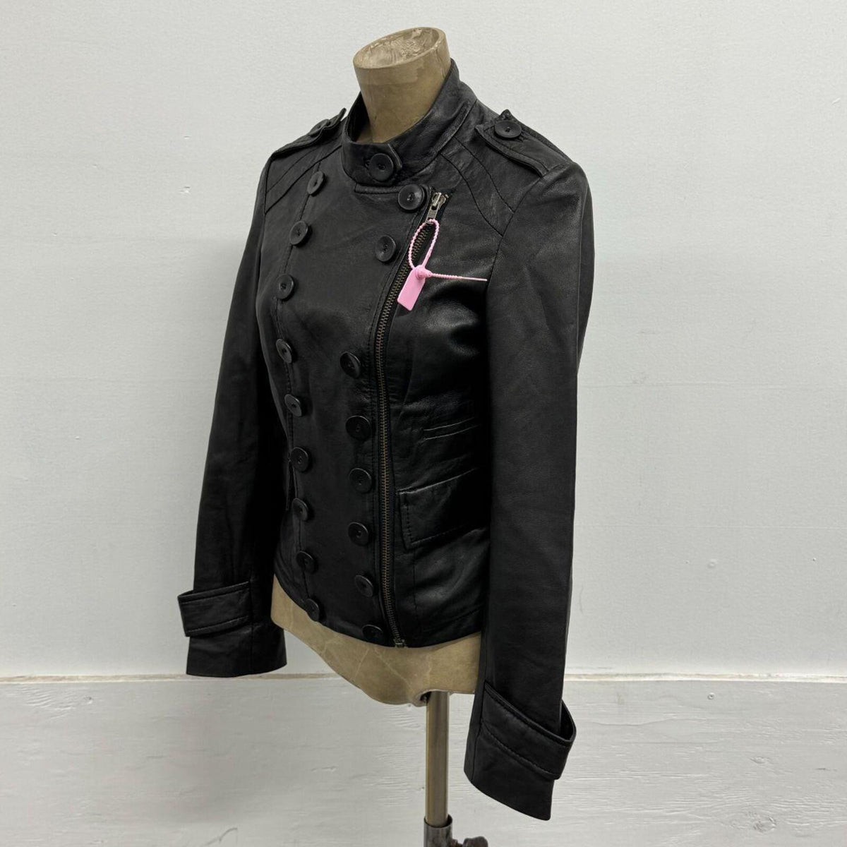Vintage Black High Neck Military Button Steampink Leather Jacket