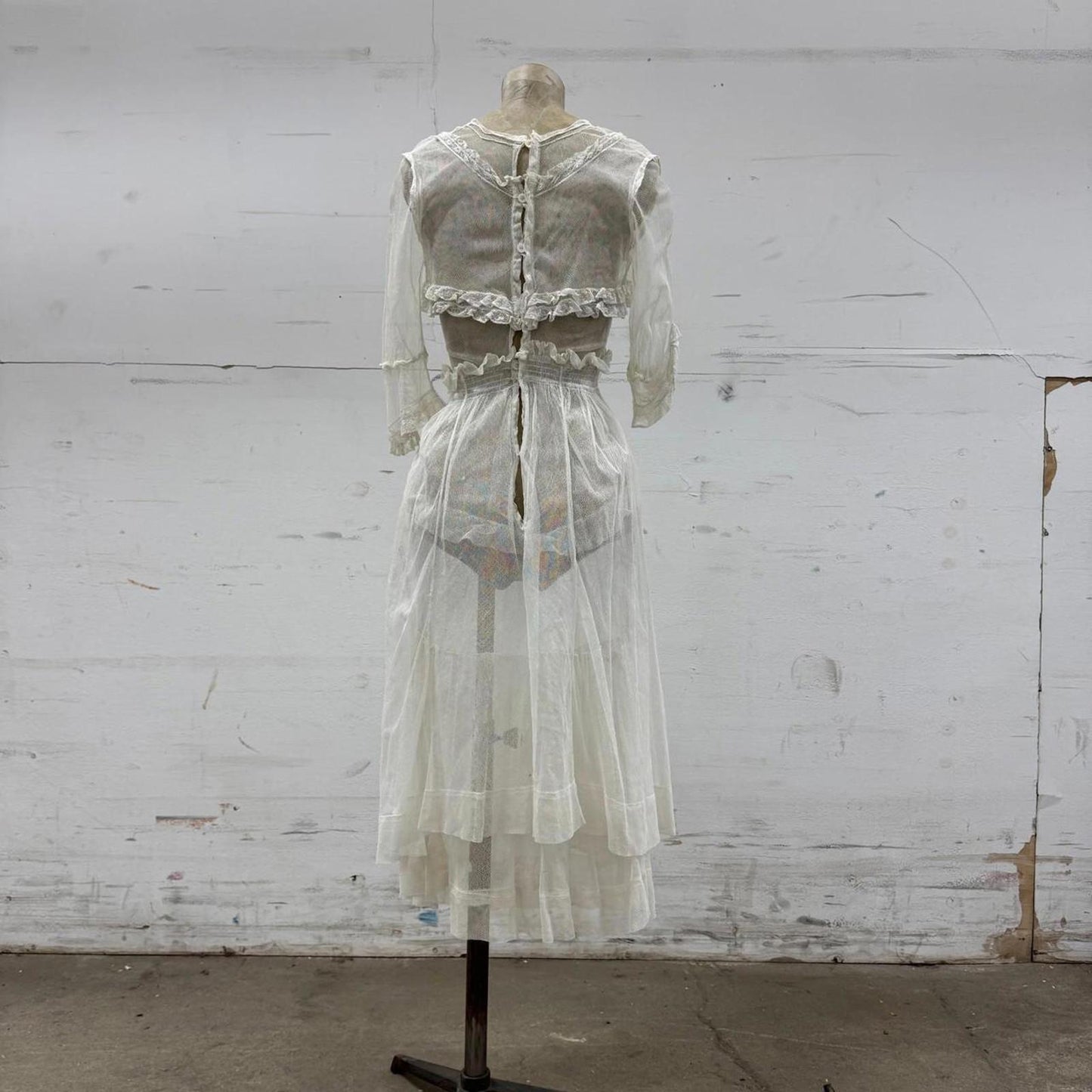 Edwardian Vtg 1910s White Lace Tulle Lingerie Dress Antique