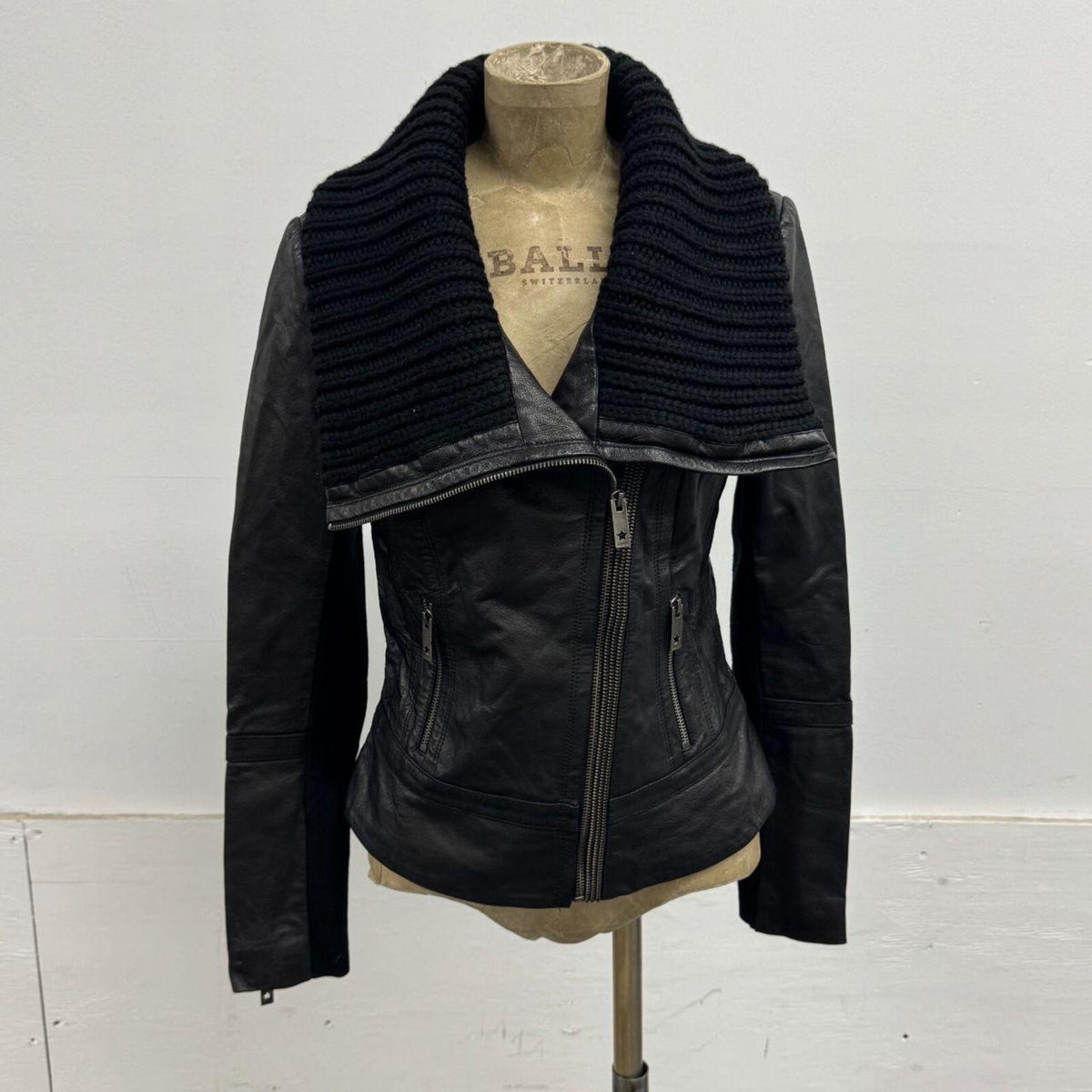 Vintage Black Funnel Neck Knit Collar Avant Garde Leather Jacket