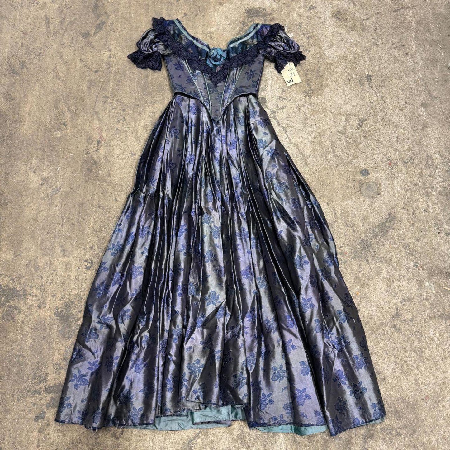 50s Vintage Iridescent Blue Floral Silk Victorian 1800s Style Gown Film Costume
