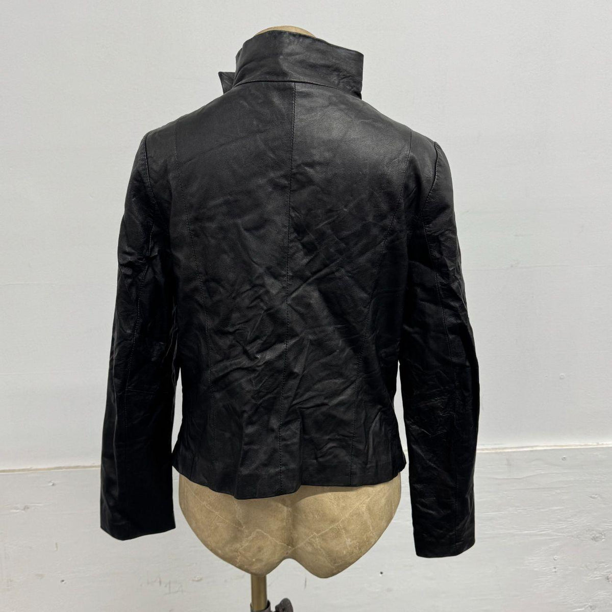 Vintage Black Funnel Neck Asymmetric Avant Garde Leather Jacket