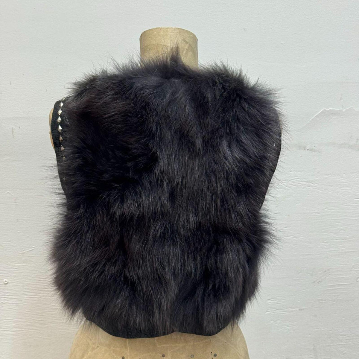 Vintage Charcoal Gray Y2K Studded Fox Fur Statement Vest