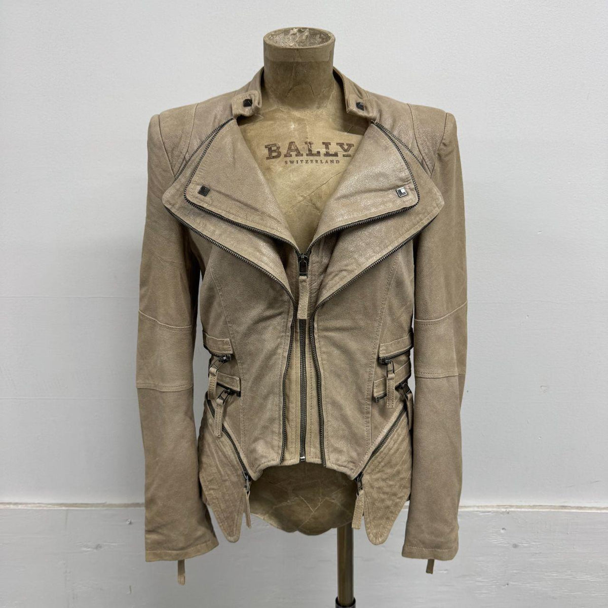 Vintage Beige Funnel Neck Multi-Way Avant Garde Leather Jacket