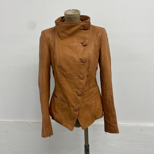 Vintage Tan Funnel Neck Asymmetric Avant Garde Military Leather Jacket