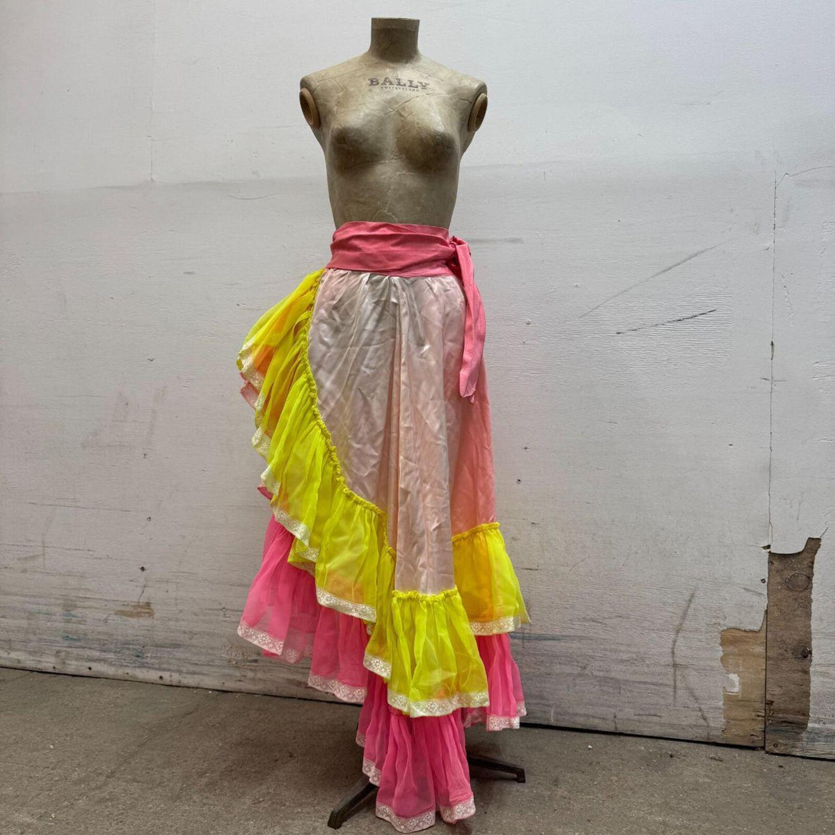 Vintage Broadway Costume 70s Neon Ruffle Maxi Wrap Skirt