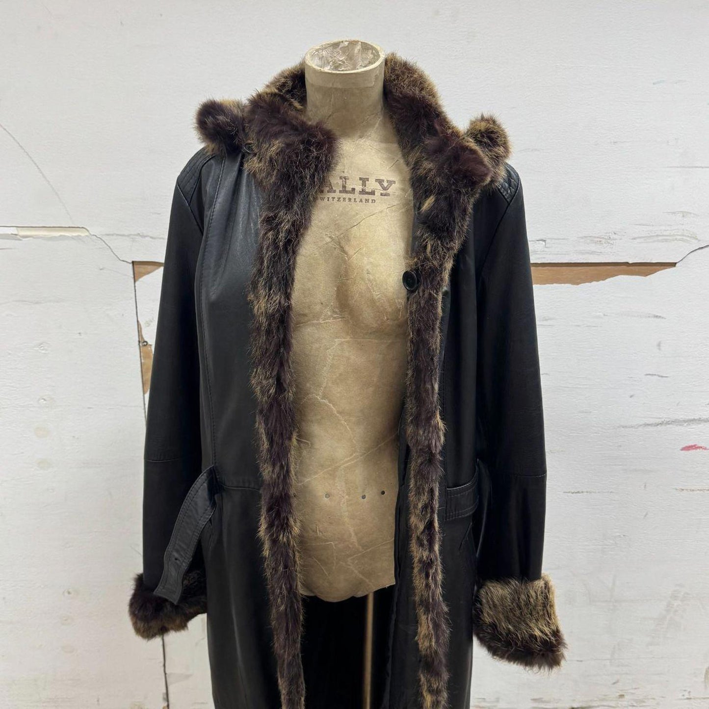 90s Vintage Kri-u Leather & Rabbit Fur Hooded Trench Coat