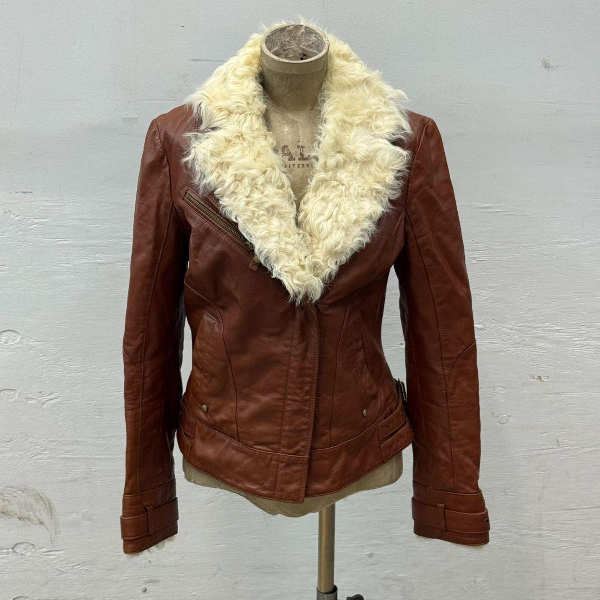 Vintage ONLY Detachable Shearling Leather Moto Jacket Cognac Brown