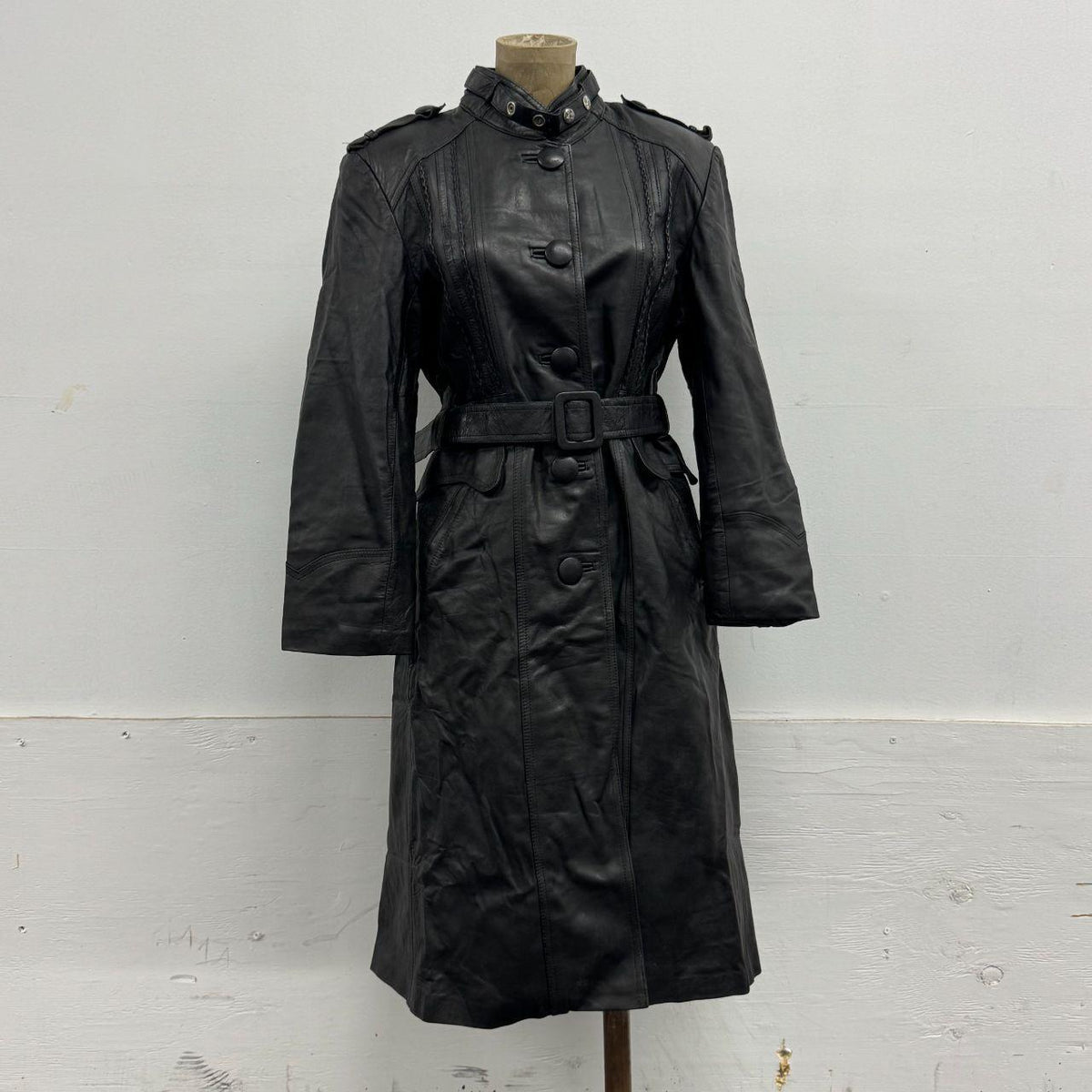 Vintage Genuine Black Leather Military Trench Duster Coat with Belt