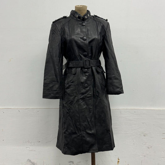 Vintage Genuine Black Leather Military Trench Duster Coat with Belt