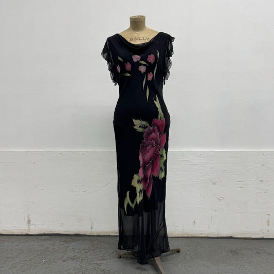 Vintage Y2K Botanical Noir 100% Silk Flutter Sleeve Gown