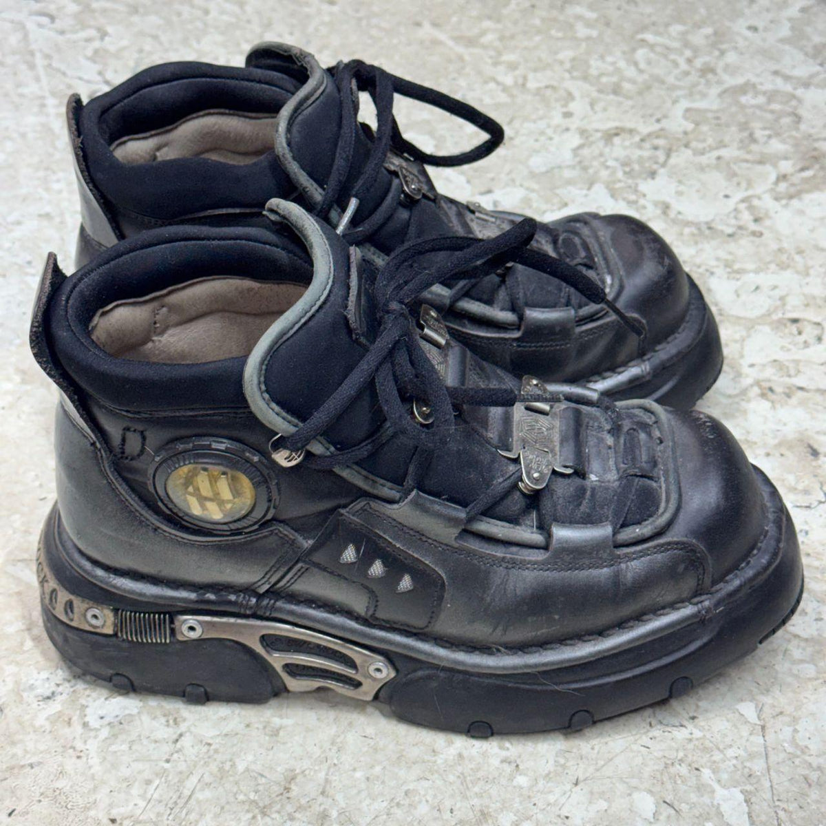 Vintage New Rock Pewter & Black Leather Reactor Platform Sneaker Boots