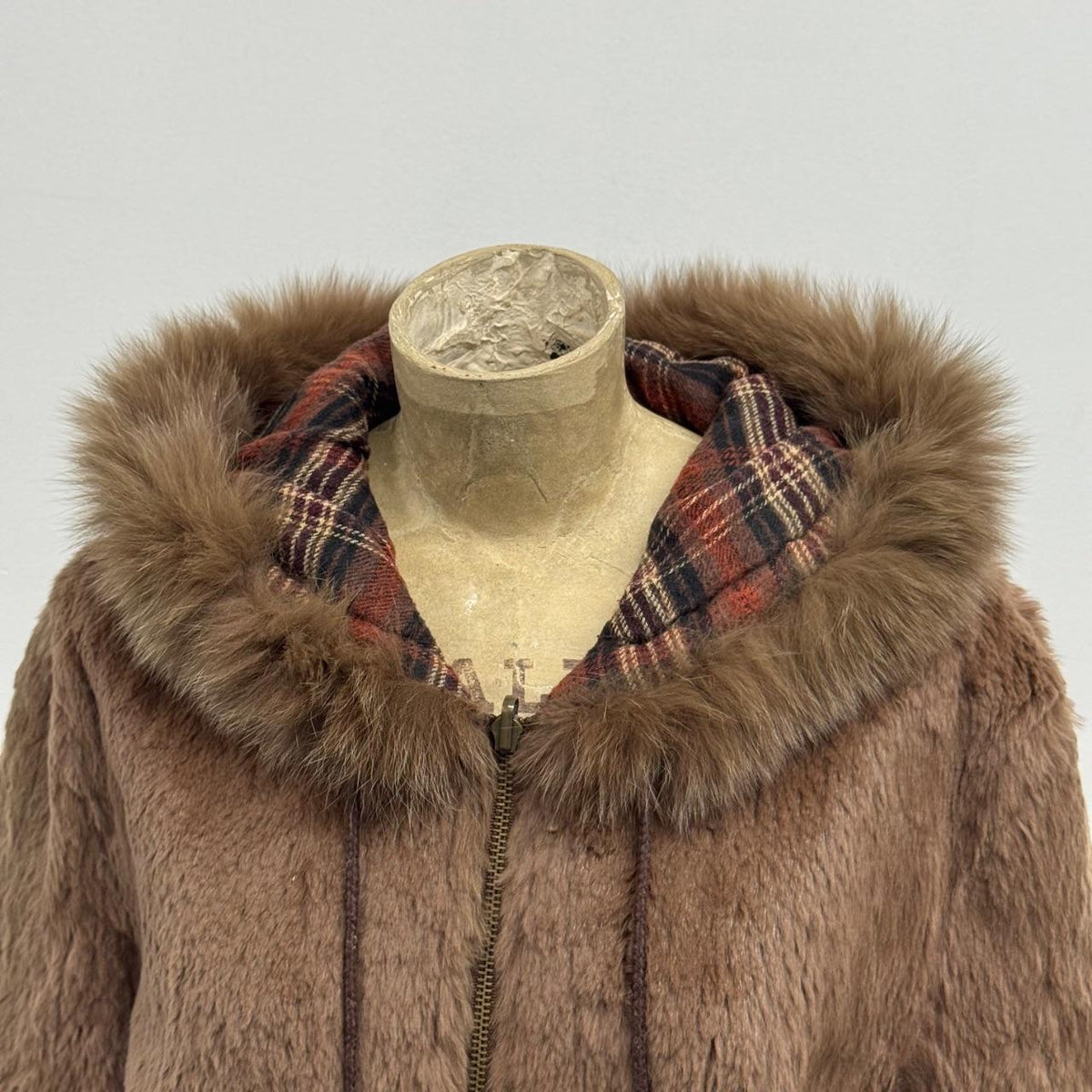 Vintage Y2K Reversible Hooded Brown Rabbit & Fox Fur Jacket Coat