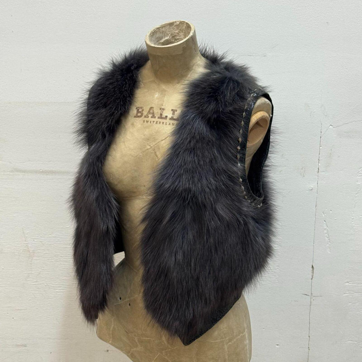 Vintage Charcoal Gray Y2K Studded Fox Fur Statement Vest