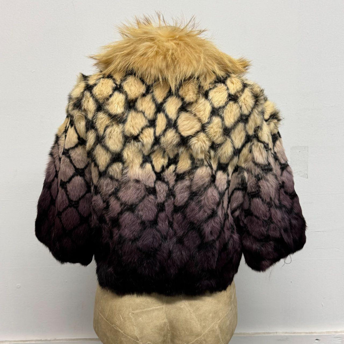 Vintage Y2K Cream Purple Fishnet Print Rabbit & Raccoon Fur Jacket Coat