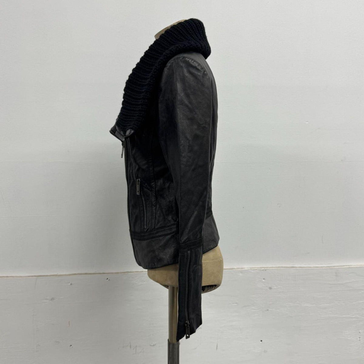 Vintage Black Funnel Neck Knit Collar Avant Garde Leather Jacket